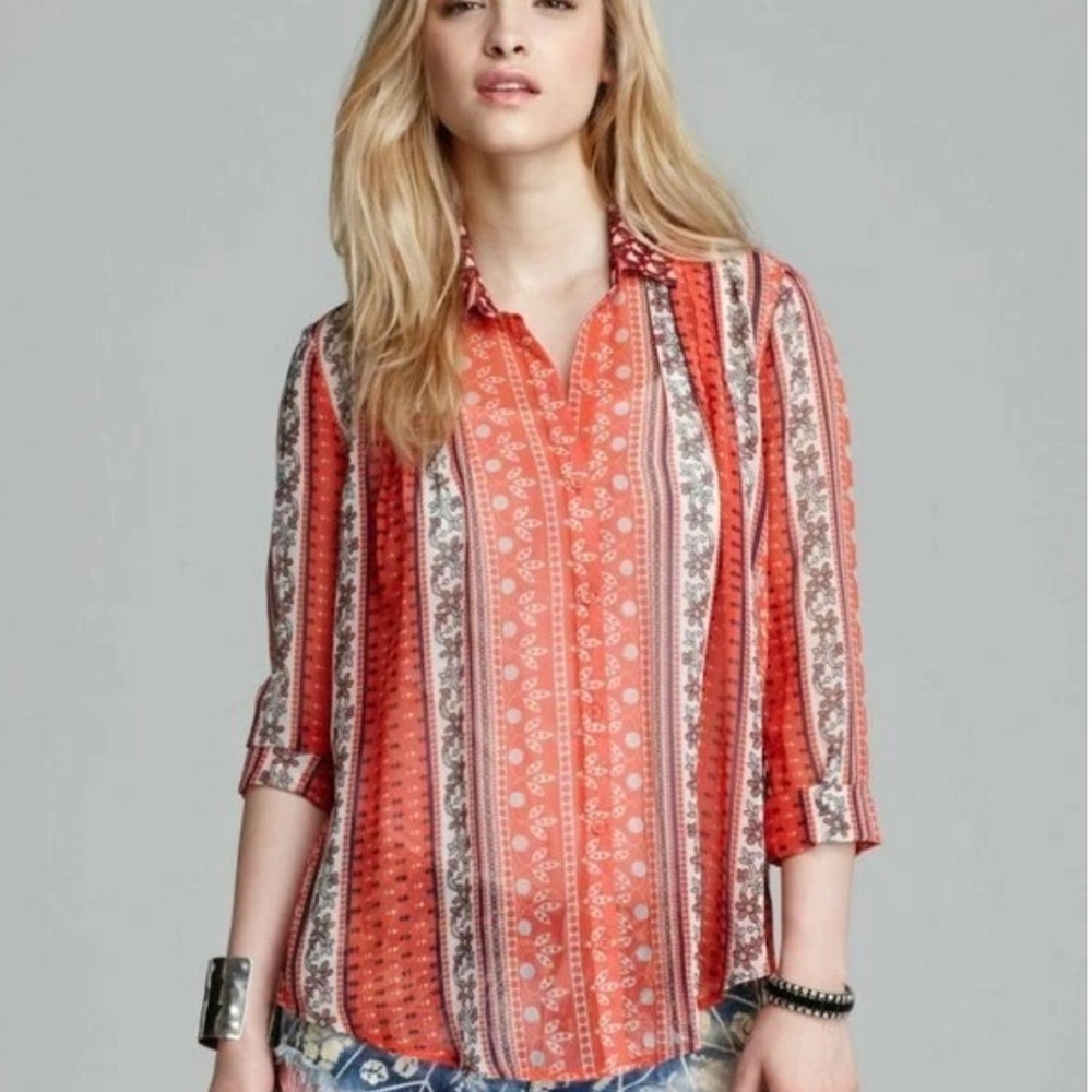 Free People Red Orange Boho Floral Sheer Button Down Tie Back Blouse Women's XS